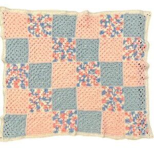 🎉PRICE REDUCED🎉 VTG Handmade‎ Afghan Blanket PINK BLUE Crochet Throw 42"x34”